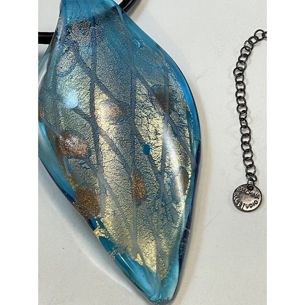 Vermeil & Dichroic Glass Pendant Blue  On Robert Lee Morris Black Cord Necklace - Picture 15 of 15